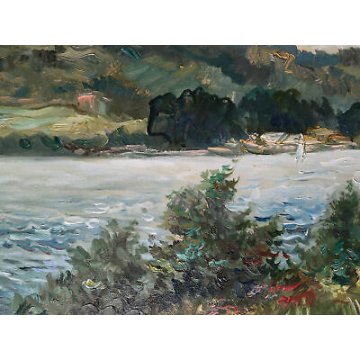 ANTICO QUADRO DIPINTO FIRMATO BUSTI DIPINTO OLIO TELA LAGO FIUME CORNICE ARTE