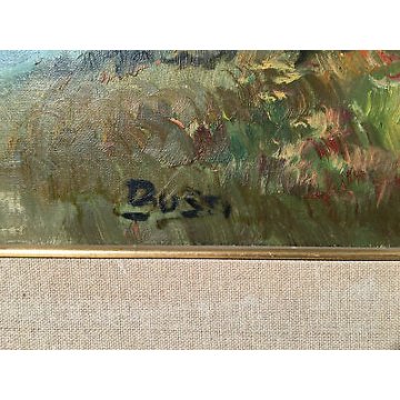 ANTICO QUADRO DIPINTO FIRMATO BUSTI DIPINTO OLIO TELA LAGO FIUME CORNICE ARTE