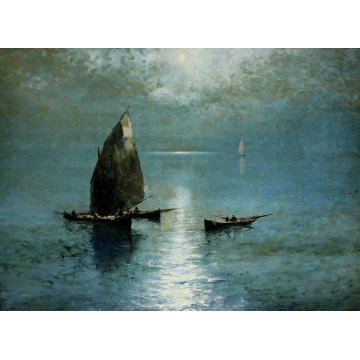 QUADRO OLIO TELA G. Ghiringhelli  MARINA MARE BARCA VELA PESCATORI ALBA '800
