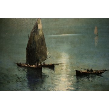 QUADRO OLIO TELA G. Ghiringhelli  MARINA MARE BARCA VELA PESCATORI ALBA '800