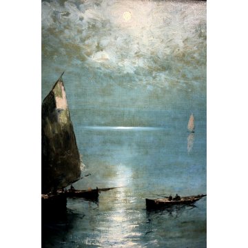 QUADRO OLIO TELA G. Ghiringhelli  MARINA MARE BARCA VELA PESCATORI ALBA '800