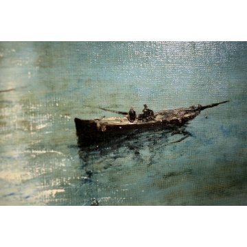 QUADRO OLIO TELA G. Ghiringhelli  MARINA MARE BARCA VELA PESCATORI ALBA '800