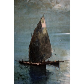 QUADRO OLIO TELA G. Ghiringhelli  MARINA MARE BARCA VELA PESCATORI ALBA '800
