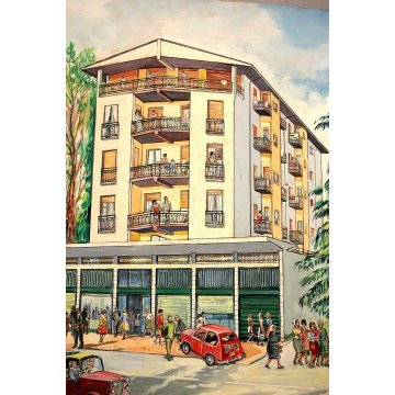 SCHIZZO PITTORICO PROSPETTIVA  A.Colla PRESENTAZIONE PROGETTO PALAZZO ARONA 1962