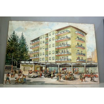 SCHIZZO PITTORICO PROSPETTIVA  A.Colla PRESENTAZIONE PROGETTO PALAZZO ARONA '62