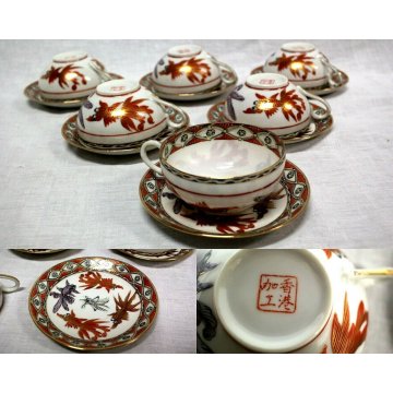 ANTICO SERVIZIO 6pz CAFFE THE porcellana CINA FAMILLE ROSE PESCI GOLDFISH XX sec