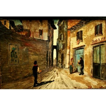  ANTICO DIPINTO Rosati STRADA ANTICO BORGO NEGOZIO SARTO CORNICE Guilloché '900 