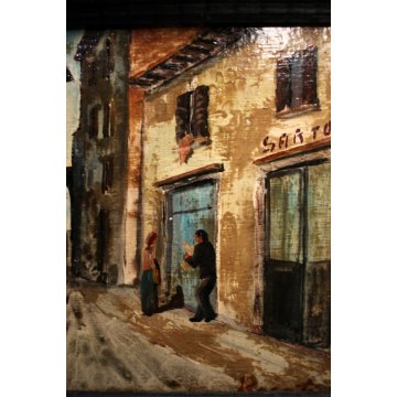  ANTICO DIPINTO Rosati STRADA ANTICO BORGO NEGOZIO SARTO CORNICE Guilloché '900 
