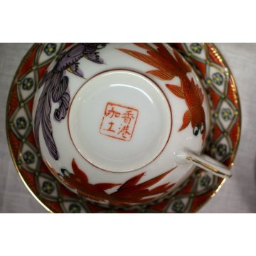 ANTICO SERVIZIO 6pz CAFFE THE porcellana CINA FAMILLE ROSE PESCI GOLDFISH XX sec