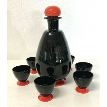 SET LIQUORE VETRO Murano DESIGN TOSO Firmato 6 BICCHIERI BOTTIGLIA ROSSO NERO 
