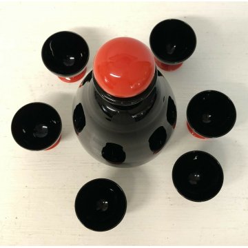 SET LIQUORE VETRO Murano DESIGN TOSO Firmato 6 BICCHIERI BOTTIGLIA ROSSO NERO 