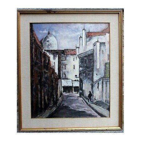 ANTICO QUADRO DIPINTO ACRILICO TAVOLA VEDUTA PAESAGGIO STRADA CITTA' GRIGIO 1900