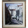 ANTICO QUADRO DIPINTO ACRILICO TAVOLA VEDUTA PAESAGGIO STRADA CITTA' GRIGIO 1900