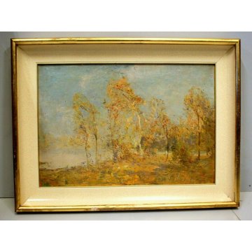 ANTICO QUADRO OLIO CARTONE Bersani ? PAESAGGIO LACUSTRE BOSCO SELVA BETULLE '900