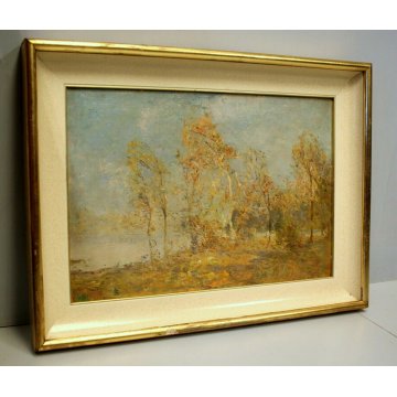 ANTICO QUADRO OLIO CARTONE Bersani ? PAESAGGIO LACUSTRE BOSCO SELVA BETULLE '900