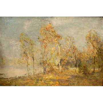 ANTICO QUADRO OLIO CARTONE Bersani ? PAESAGGIO LACUSTRE BOSCO SELVA BETULLE '900