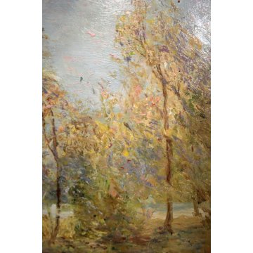 ANTICO QUADRO OLIO CARTONE Bersani ? PAESAGGIO LACUSTRE BOSCO SELVA BETULLE '900