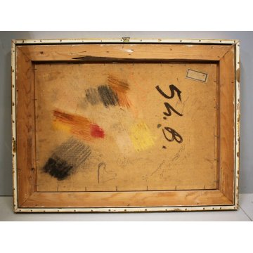 ANTICO QUADRO OLIO CARTONE Bersani ? PAESAGGIO LACUSTRE BOSCO SELVA BETULLE '900