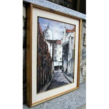 ANTICO QUADRO DIPINTO ACRILICO TAVOLA VEDUTA PAESAGGIO STRADA CITTA' GRIGIO 1900