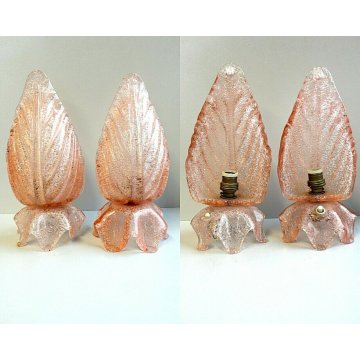 ANTICA COPPIA ABATJOUR APPLIQUE A FOGLIA VETRO SOFFIATO MURANO ROSA ANTICO EPOCA
