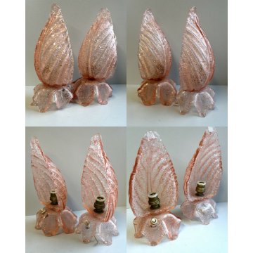 ANTICA COPPIA ABATJOUR APPLIQUE A FOGLIA VETRO SOFFIATO MURANO ROSA ANTICO EPOCA