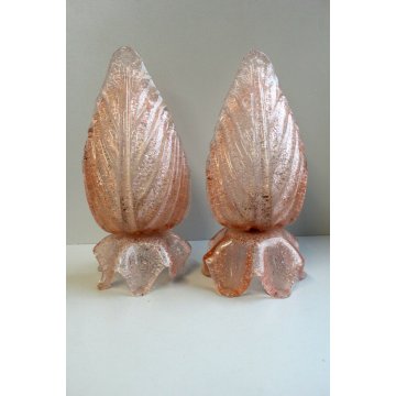 ANTICA COPPIA ABATJOUR APPLIQUE A FOGLIA VETRO SOFFIATO MURANO ROSA ANTICO EPOCA