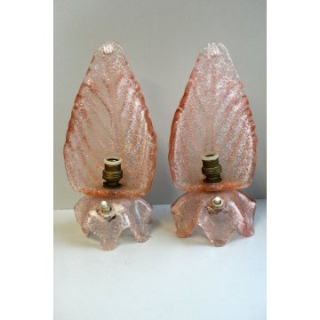 ANTICA COPPIA ABATJOUR APPLIQUE A FOGLIA VETRO SOFFIATO MURANO ROSA ANTICO EPOCA