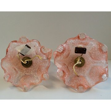 ANTICA COPPIA ABATJOUR APPLIQUE A FOGLIA VETRO SOFFIATO MURANO ROSA ANTICO EPOCA