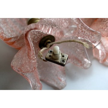 ANTICA COPPIA ABATJOUR APPLIQUE A FOGLIA VETRO SOFFIATO MURANO ROSA ANTICO EPOCA