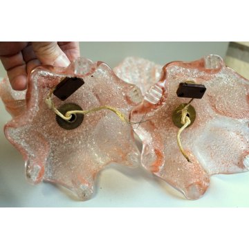 ANTICA COPPIA ABATJOUR APPLIQUE A FOGLIA VETRO SOFFIATO MURANO ROSA ANTICO EPOCA