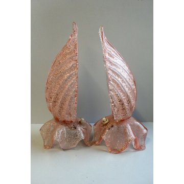 ANTICA COPPIA ABATJOUR APPLIQUE A FOGLIA VETRO SOFFIATO MURANO ROSA ANTICO EPOCA