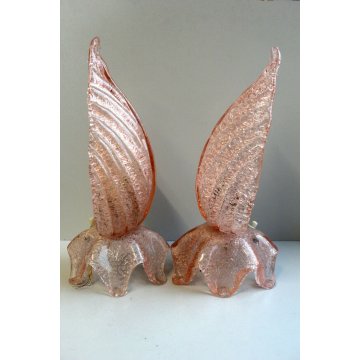 ANTICA COPPIA ABATJOUR APPLIQUE A FOGLIA VETRO SOFFIATO MURANO ROSA ANTICO EPOCA