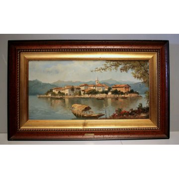 DIPINTO OLIO TELA S.Cazzuoli VEDUTA ISOLA PESCATORI BAVENO LAGO MAGGIORE BARCHE 