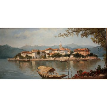 DIPINTO OLIO TELA S.Cazzuoli VEDUTA ISOLA PESCATORI BAVENO LAGO MAGGIORE BARCHE 