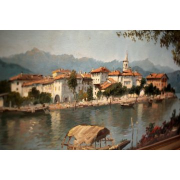 DIPINTO OLIO TELA S.Cazzuoli VEDUTA ISOLA PESCATORI BAVENO LAGO MAGGIORE BARCHE 