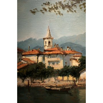 DIPINTO OLIO TELA S.Cazzuoli VEDUTA ISOLA PESCATORI BAVENO LAGO MAGGIORE BARCHE 