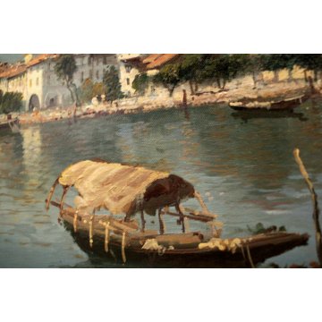 DIPINTO OLIO TELA S.Cazzuoli VEDUTA ISOLA PESCATORI BAVENO LAGO MAGGIORE BARCHE 