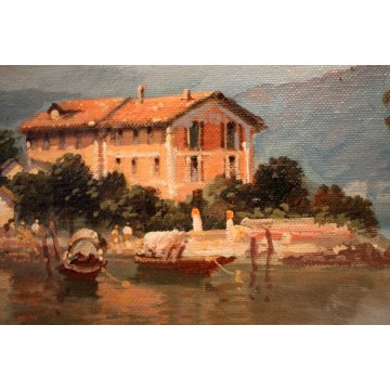 DIPINTO OLIO TELA S.Cazzuoli VEDUTA ISOLA PESCATORI BAVENO LAGO MAGGIORE BARCHE 