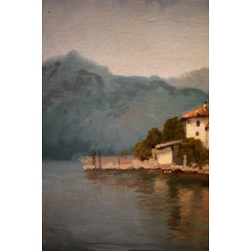 DIPINTO OLIO TELA S.Cazzuoli VEDUTA ISOLA PESCATORI BAVENO LAGO MAGGIORE BARCHE 