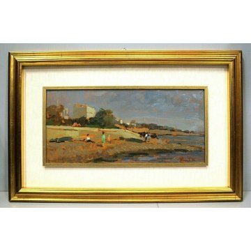 ANTICO QUADRO DIPINTO OLIO Pelagatti SPIAGGIA MARINA LIVORNO FIGURE TOSCANA '900