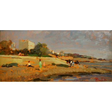 ANTICO QUADRO DIPINTO OLIO Pelagatti SPIAGGIA MARINA LIVORNO FIGURE TOSCANA '900