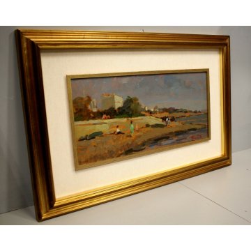ANTICO QUADRO DIPINTO OLIO Pelagatti SPIAGGIA MARINA LIVORNO FIGURE TOSCANA '900