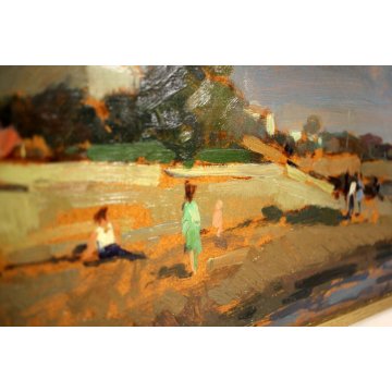 ANTICO QUADRO DIPINTO OLIO Pelagatti SPIAGGIA MARINA LIVORNO FIGURE TOSCANA '900