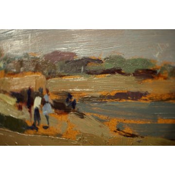 ANTICO QUADRO DIPINTO OLIO Pelagatti SPIAGGIA MARINA LIVORNO FIGURE TOSCANA '900