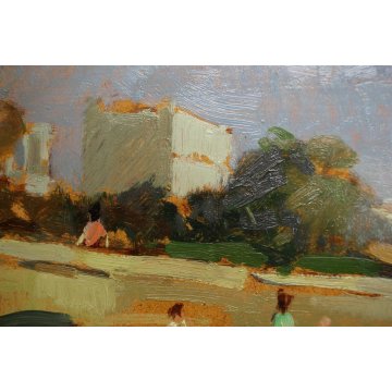 ANTICO QUADRO DIPINTO OLIO Pelagatti SPIAGGIA MARINA LIVORNO FIGURE TOSCANA '900