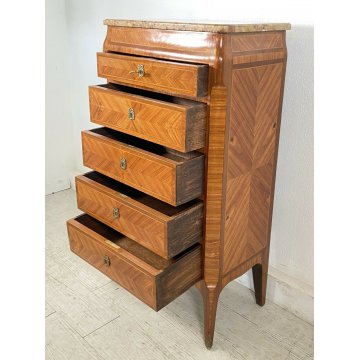ANTICO MOBILETTO 5 CASSETTI 1900 LUIGI XVI COMODINO LEGNO MARMO CASSETTIERA 