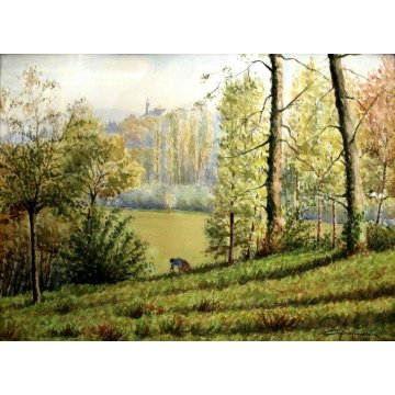 ANTICO ACQUERELLO G.Gagliardi PAESAGGIO VEDUTA COLLINA  ARONA LAGO MAGGIORE