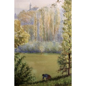 ANTICO ACQUERELLO G.Gagliardi PAESAGGIO VEDUTA COLLINA  ARONA LAGO MAGGIORE