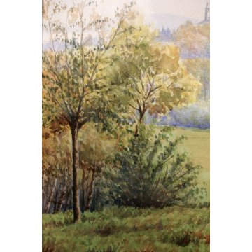 ANTICO ACQUERELLO G.Gagliardi PAESAGGIO VEDUTA COLLINA  ARONA LAGO MAGGIORE