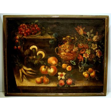 ANTICO DIPINTO OLIO TELA NATURA MORTA VASO FIORI FRUTTA FUNGHI AUTORE 600/700